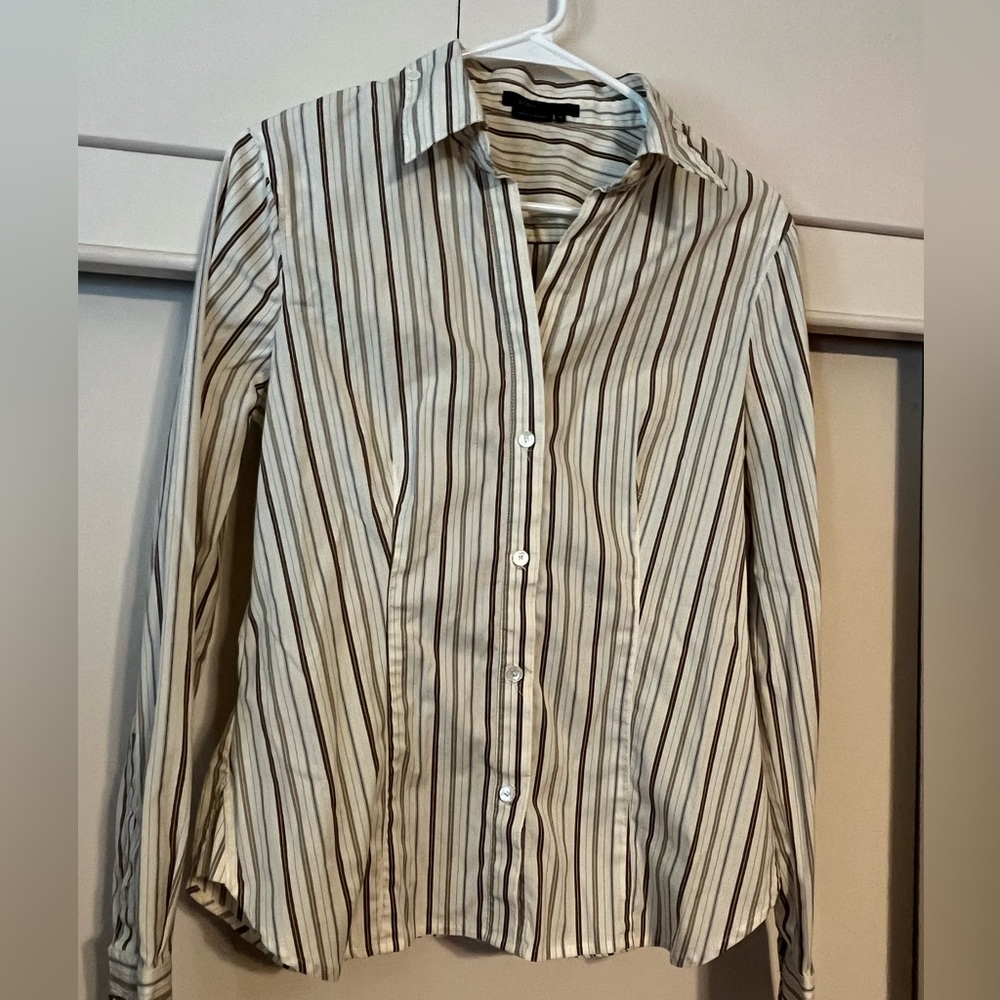 BCBGMaxAzria Cream and Brown Striped long sleeve button down medium shirt